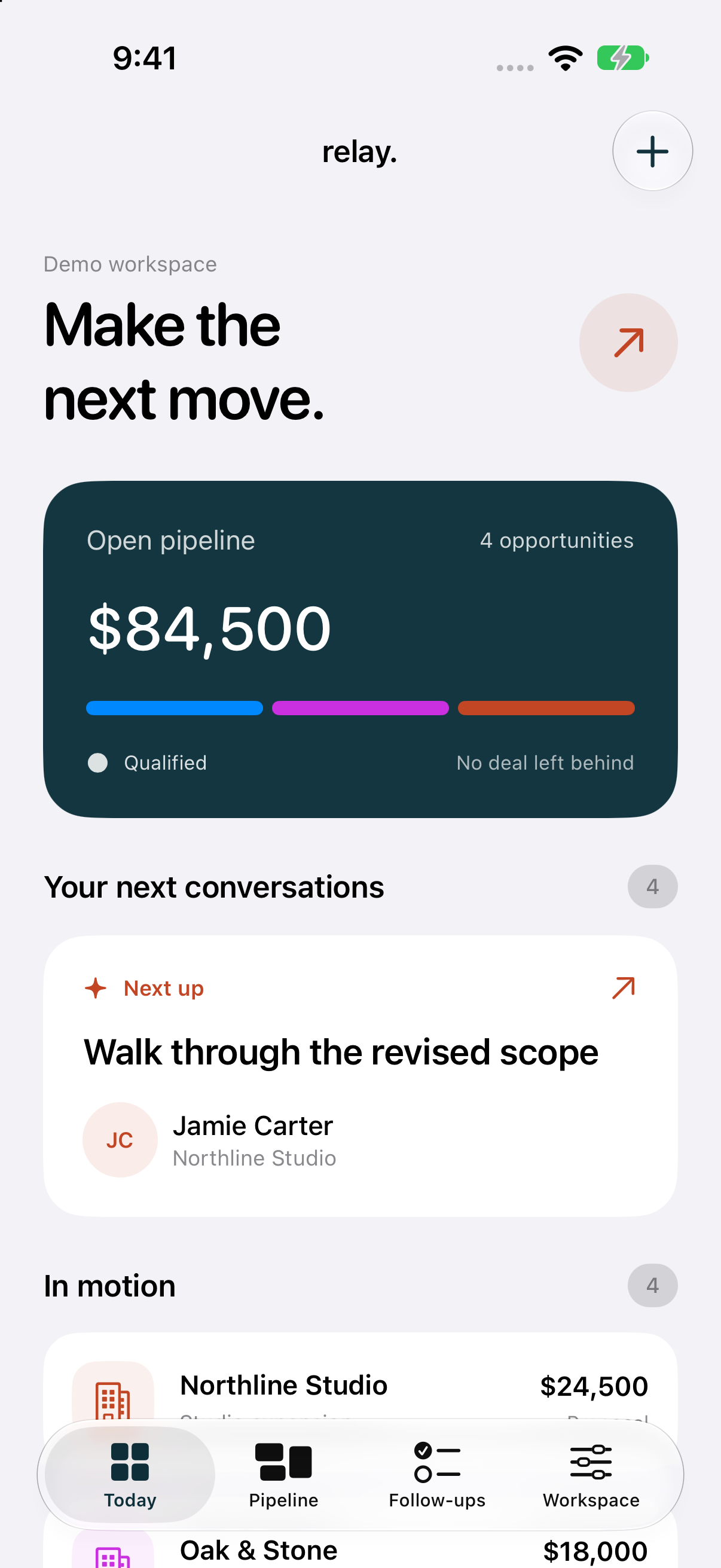 Relay native iPhone app showing its sales pipeline and next conversation