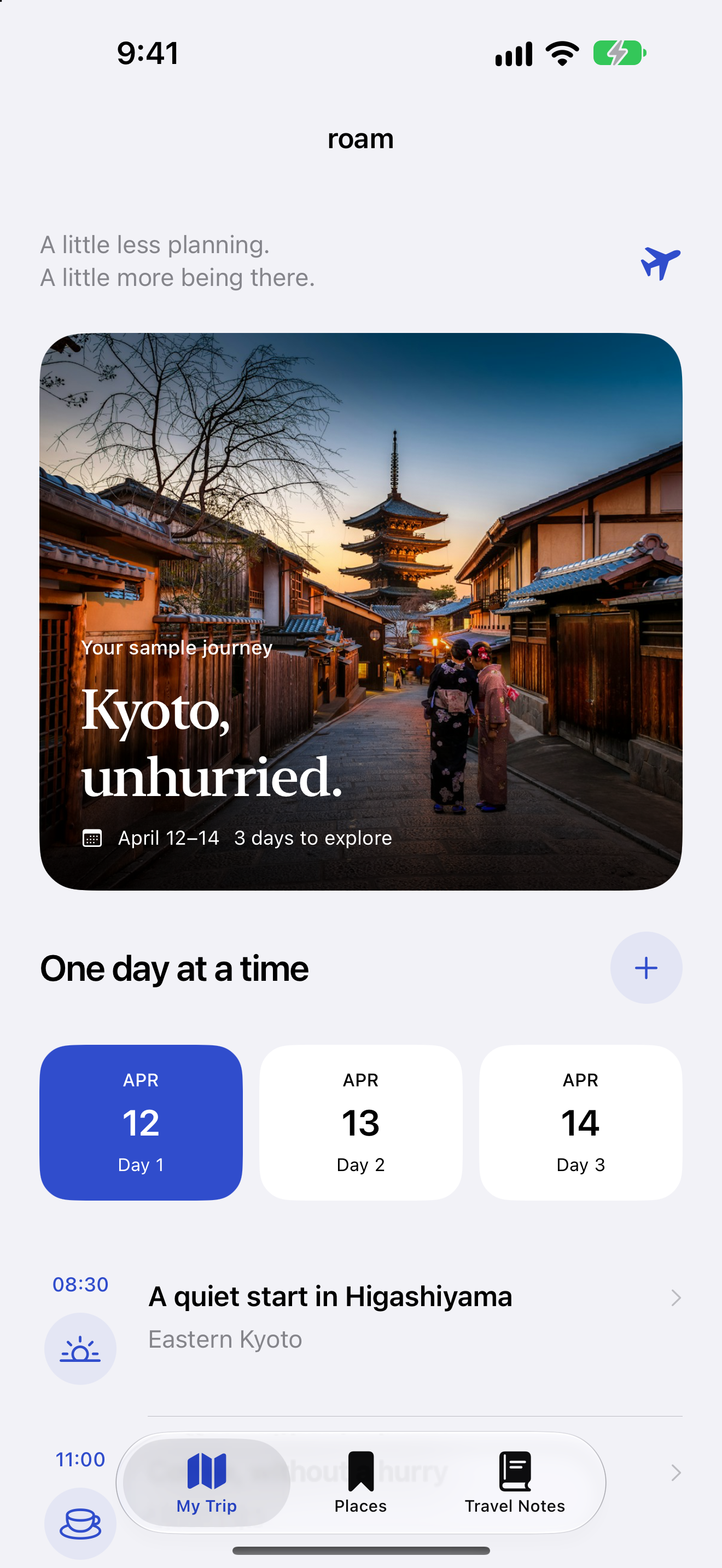 Roam native iPhone travel app showing a Kyoto sample itinerary